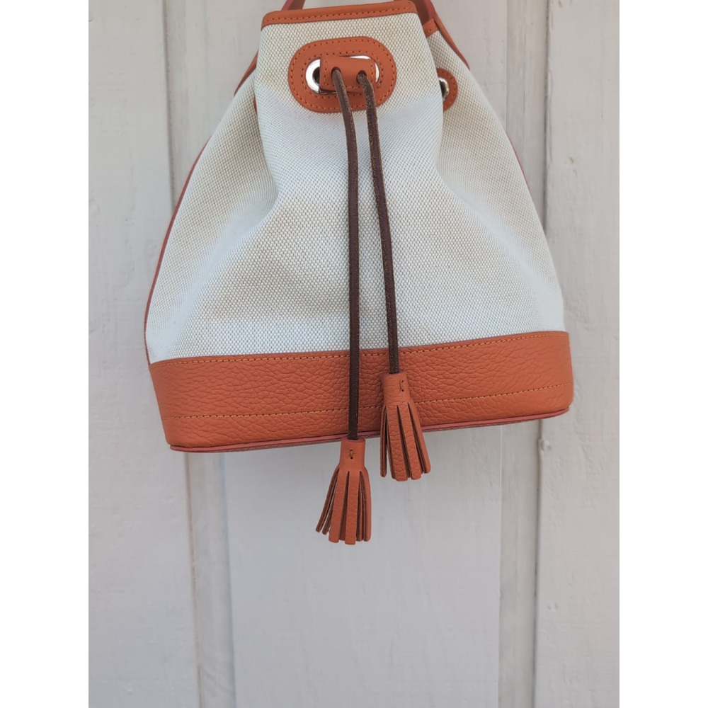Oncour French Leather Drawstring Bucket Bag Beige Orange - Picture 2 of 16